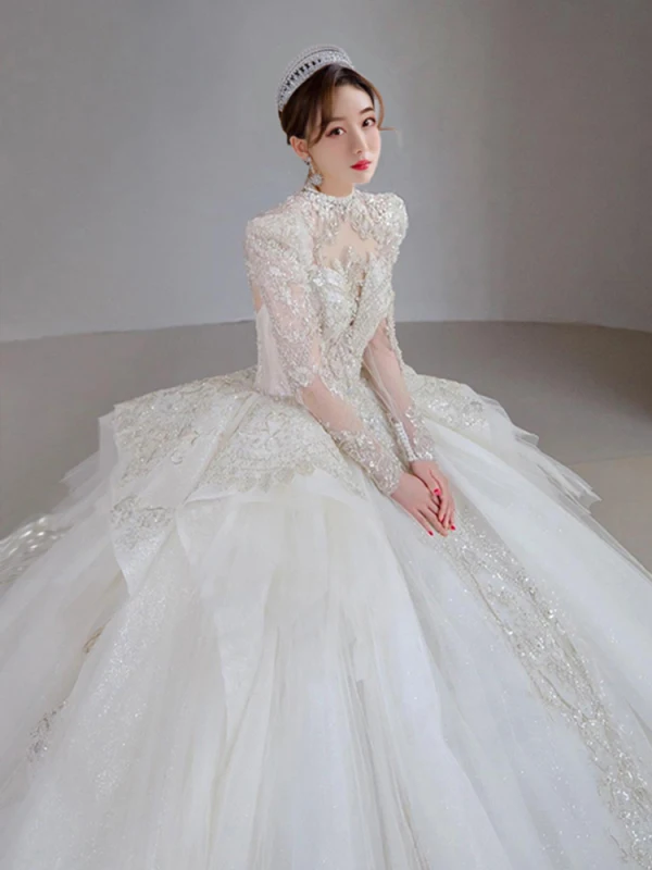 Luxury / Gorgeous White Beading Cascading Ruffles Wedding Dresses 2022 Ball Gown Scoop Neck Pearl Rhinestone Sequins Lace Flower Short Sleeve Backless Royal Train Wedding
