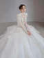 Luxury / Gorgeous White Beading Cascading Ruffles Wedding Dresses 2022 Ball Gown Scoop Neck Pearl Rhinestone Sequins Lace Flower Short Sleeve Backless Royal Train Wedding