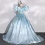 Élégant Bleu Ciel Satin Robe De Bal 2022 Robe Boule Gonflée Encolure Carrée Faux Diamant Ceinture Manches Courtes Dos Nu Longue Robe De Ceremonie