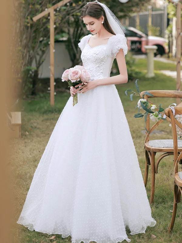 Chic / Beautiful White Lace Flower Wedding Dresses 2022 A-Line / Princess Square Neckline Short Sleeve Backless Floor-Length / Long Wedding