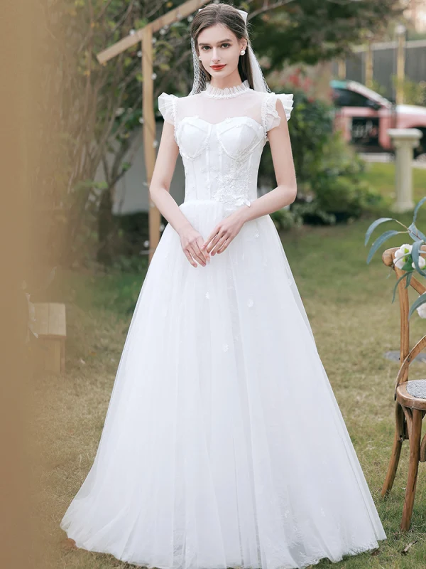 Chic / Beautiful White Lace Flower Wedding Dresses 2022 A-Line / Princess Scoop Neck Sleeveless Floor-Length / Long Wedding