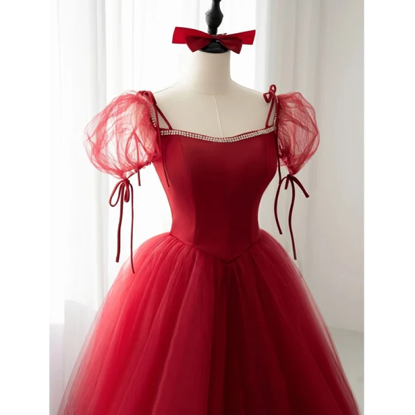 Chic / Beautiful Burgundy Prom Dresses 2022 A-Line / Princess Square Neckline Rhinestone Puffy Short Sleeve Backless Floor-Length / Long Formal Dresses