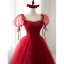 Chic / Beautiful Burgundy Prom Dresses 2022 A-Line / Princess Square Neckline Rhinestone Puffy Short Sleeve Backless Floor-Length / Long Formal Dresses
