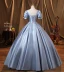 Vintage / Retro Sky Blue Satin Prom Dresses 2022 Ball Gown Square Neckline Puffy Short Sleeve Backless Floor-Length / Long Formal Dresses