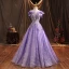 Chic / Belle Lilas En Dentelle Fleur Robe De Bal 2022 Robe Boule Volants De l'épaule Perlage Faux Diamant Paillettes Perle Manches Courtes Dos Nu Thé Longueur Robe De Ceremonie