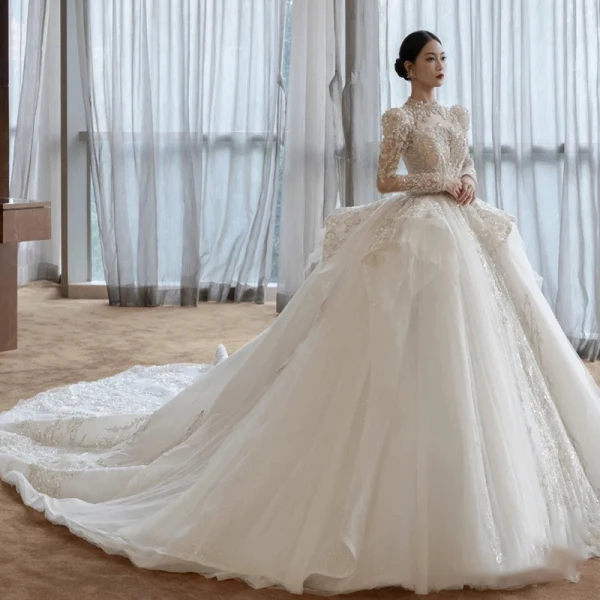 High-end White Cascading Ruffles Beading Pearl Rhinestone Sequins Wedding Dresses 2022 Ball Gown Scoop Neck Long Sleeve Backless Royal Train Wedding