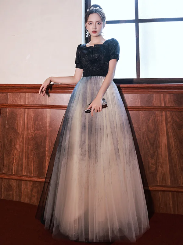 Élégant Noire Paillettes Faux Diamant Robe De Bal 2022 Princesse Encolure Carrée Manches Courtes Dos Nu Longue Robe De Ceremonie