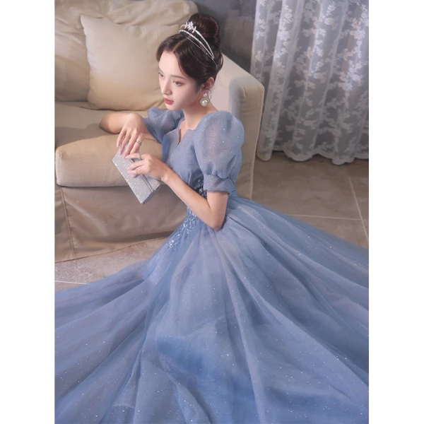 Chic / Belle Bleu Ciel Glitter Robe De Bal 2022 Princesse Encolure Carrée Paillettes Gonflée Manches Courtes Dos Nu Longue Robe De Ceremonie
