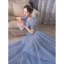 Chic / Belle Bleu Ciel Glitter Robe De Bal 2022 Princesse Encolure Carrée Paillettes Gonflée Manches Courtes Dos Nu Longue Robe De Ceremonie