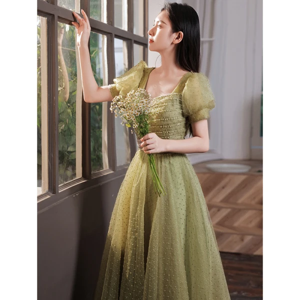 Chic / Belle Vert Trèfle Robe De Bal 2022 Princesse Encolure Carrée Perlage Paillettes Manches Courtes Dos Nu Longue Robe De Ceremonie