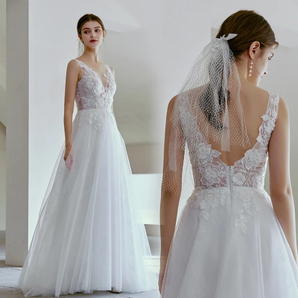 Light White Beading Lace Flower Beach Wedding Dresses 2022 A-Line / Princess V-Neck Sleeveless Backless Floor-Length / Long Wedding