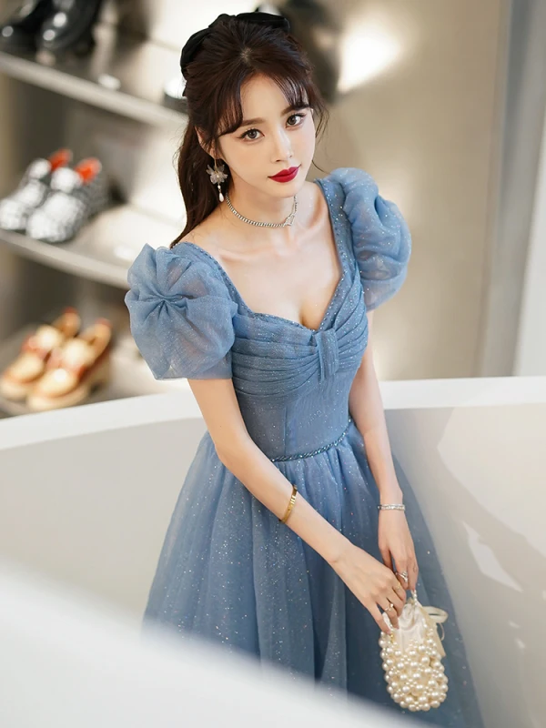 Chic / Beautiful Sky Blue Glitter Sequins Prom Dresses 2022 A-Line / Princess Square Neckline Rhinestone Puffy Short Sleeve Backless Floor-Length / Long Formal Dresses