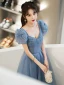 Chic / Beautiful Sky Blue Glitter Sequins Prom Dresses 2022 A-Line / Princess Square Neckline Rhinestone Puffy Short Sleeve Backless Floor-Length / Long Formal Dresses