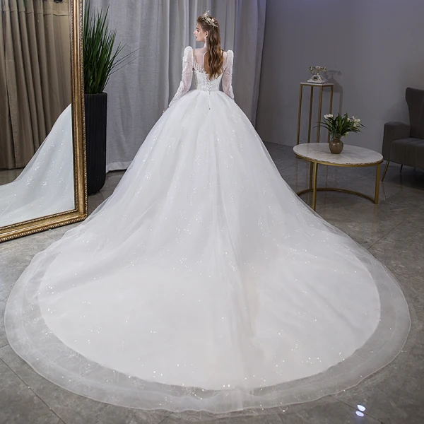 Elegant White Sequins Lace Flower Wedding Dresses 2022 Ball Gown High Neck Long Sleeve Backless Floor-Length / Long Wedding