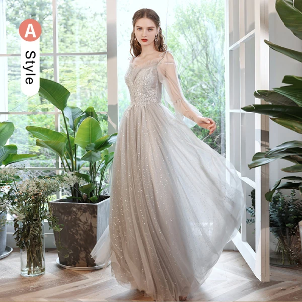 Chic / Beautiful Grey Beading Lace Flower Bridesmaid Dresses 2022 A-Line / Princess Rhinestone Sequins Short Sleeve Backless Floor-Length / Long Wedding Bridesmaid Dresses