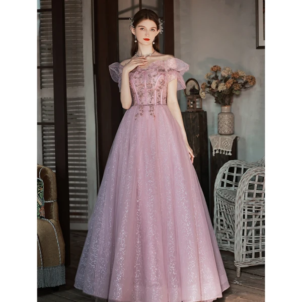 Charmant Rougissant Rose Robe De Bal 2022 Princesse De l'épaule Manches Courtes Dos Nu Perlage Faux Diamant Paillettes Longue Robe De Ceremonie