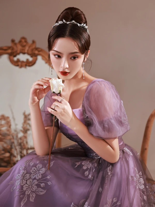 Chic / Beautiful Lilac Glitter Prom Dresses 2022 A-Line / Princess Square Neckline Puffy Short Sleeve Backless Floor-Length / Long Formal Dresses