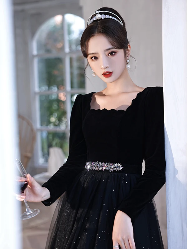 Fashion Black Rhinestone Prom Dresses 2022 A-Line / Princess Square Neckline Long Sleeve Backless Floor-Length / Long Formal Dresses