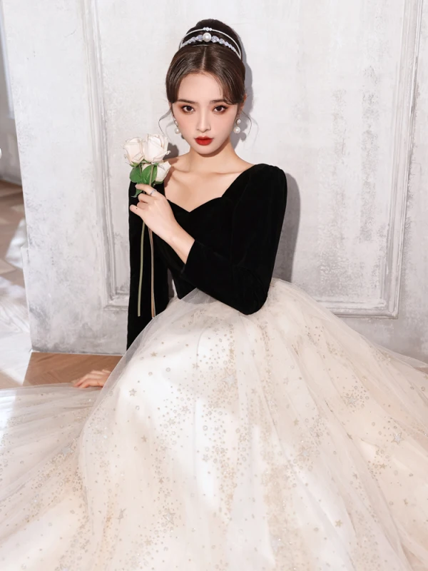 Fashion Black Prom Dresses 2022 A-Line / Princess Square Neckline Star Sequins 3/4 Sleeve Backless Floor-Length / Long Formal Dresses