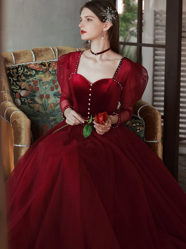 Elegant Burgundy Prom Dresses 2022 A-Line / Princess Pearl Square Neckline Long Sleeve Backless Bow Floor-Length / Long Formal Dresses