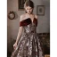 Vintage / Retro Burgundy Lace Flower Prom Dresses 2022 A-Line / Princess Off-The-Shoulder Short Sleeve Backless Floor-Length / Long Formal Dresses