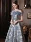 Charming Sky Blue Glitter Prom Dresses 2022 A-Line / Princess Tassel Off-The-Shoulder Rhinestone Sequins Short Sleeve Backless Floor-Length / Long Formal Dresses