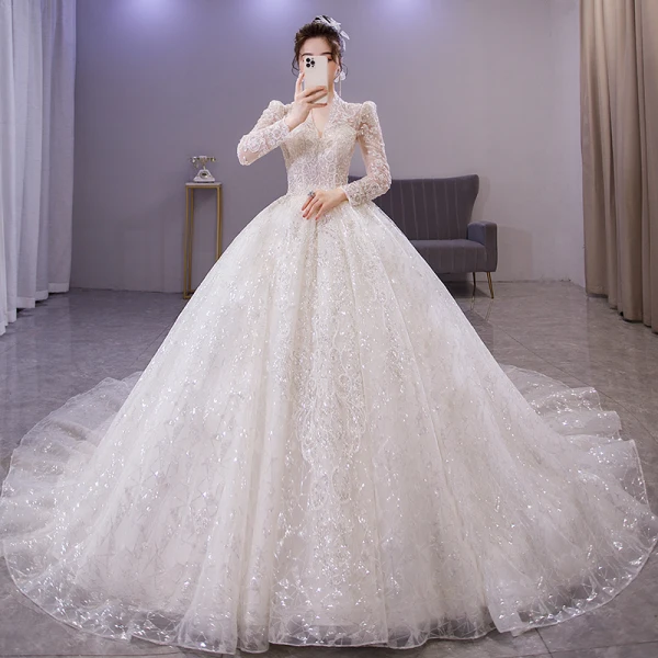 Sparkly White Beading Rhinestone Pearl Sequins Wedding Dresses 2022 Ball Gown V-Neck Long Sleeve Backless Royal Train Wedding