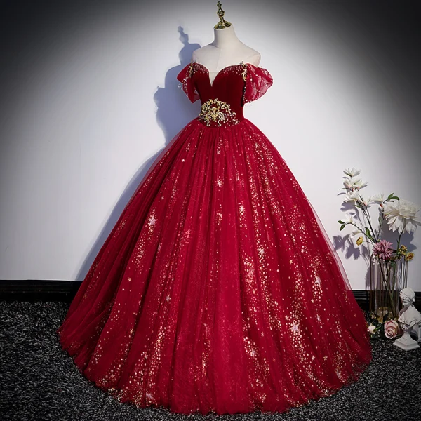 Mode Burgunderrot Ballkleider 2022 Ballkleid Kurze Ärmel Rückenfreies Off Shoulder Perlenstickerei Perle Pailletten Lange Festliche Kleider