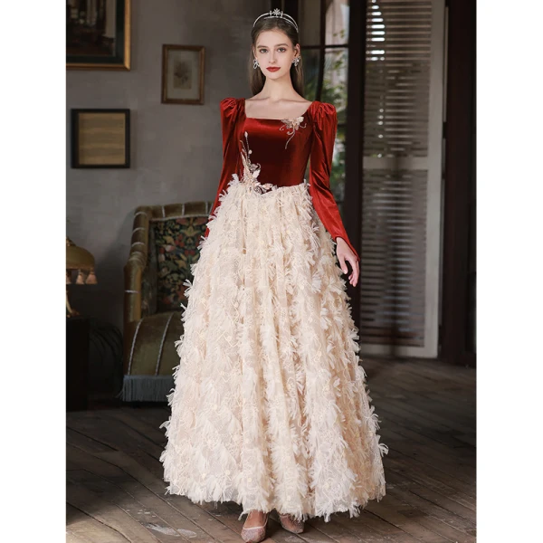 Luxury / Gorgeous Burgundy Suede Ruffle Prom Dresses 2022 A-Line / Princess Off-The-Shoulder Lace Flower Appliques Long Sleeve Backless Floor-Length / Long Prom Formal Dresses