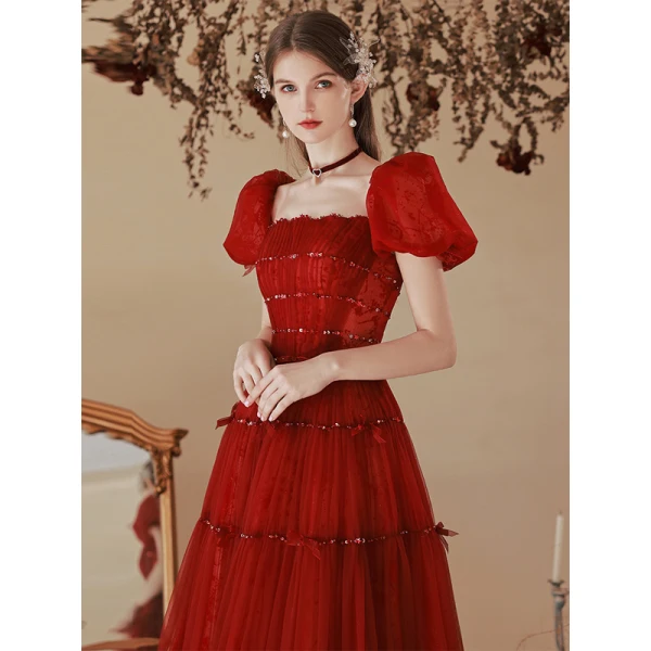 Fashion Burgundy Sequins Prom Dresses 2022 A-Line / Princess Square Neckline Puffy Short Sleeve Backless Bow Floor-Length / Long Formal Dresses