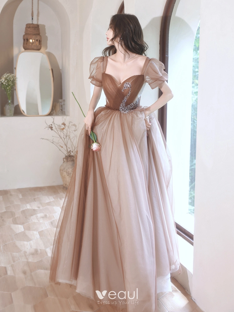 Chic / Beautiful Brown Prom Dresses 2022 A-Line / Princess Square Neckline Puffy Short Sleeve Rhinestone Backless Floor-Length / Long Formal Dresses Chic / Beautiful Brown Prom Dresses 2022 A-Line / Princess Square Neckline Puffy Short Sleeve Rhinestone Backless Floor-Length / Long Formal Dresses