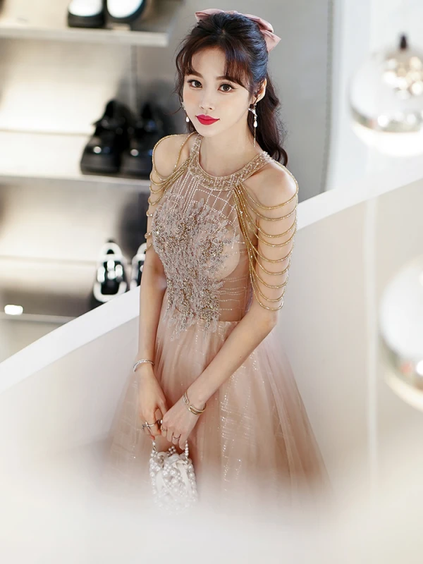 Charming Champagne Prom Dresses 2022 A-Line / Princess Scoop Neck Lace Sequins Beading Flower Sleeveless Floor-Length / Long Formal Dresses