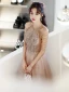 Charming Champagne Prom Dresses 2022 A-Line / Princess Scoop Neck Lace Sequins Beading Flower Sleeveless Floor-Length / Long Formal Dresses