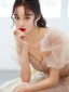 Chic / Belle Champagne Faux Diamant Paillettes Robe De Bal 2022 Princesse Encolure Carrée Gonflée Manches Courtes Dos Nu Noeud Longue Robe De Ceremonie