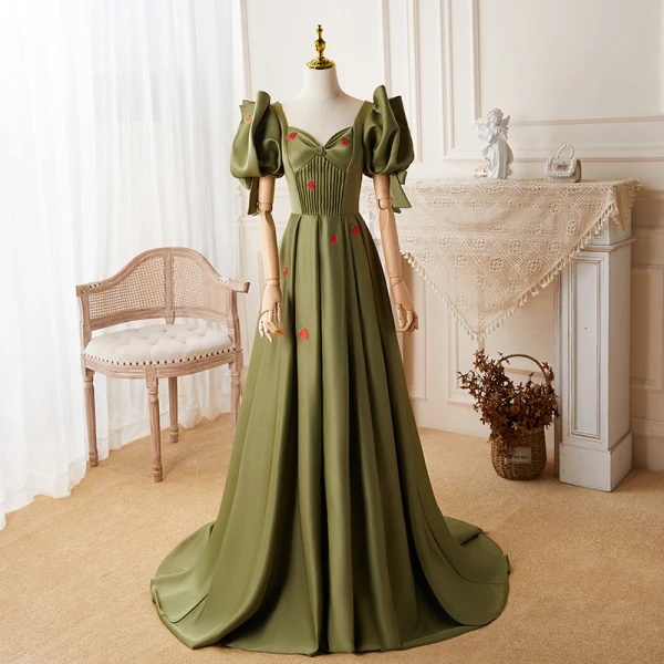 Vintage / Retro Ivory Satin Strawberry Prom Dresses 2022 A-Line / Princess Square Neckline Puffy Short Sleeve Backless Floor-Length / Long Formal Dresses