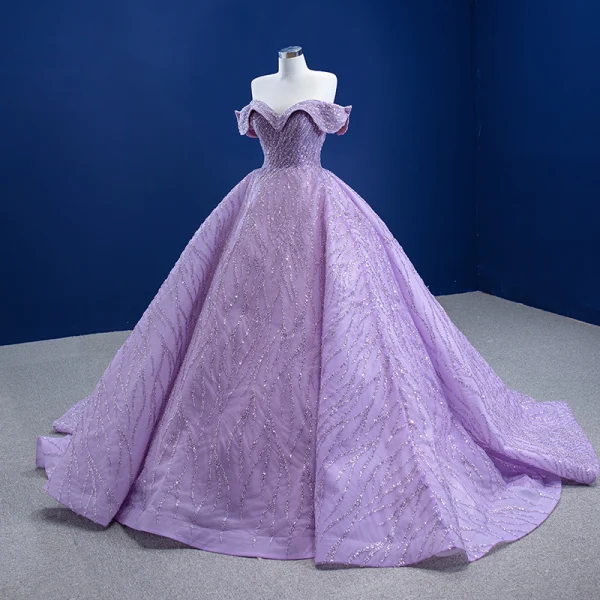 Luxury / Gorgeous High-end Lilac Prom Dresses 2022 Off-The-Shoulder Handmade  Beading Sequins Short Sleeve Backless Floor-Length / Long Formal Dresses