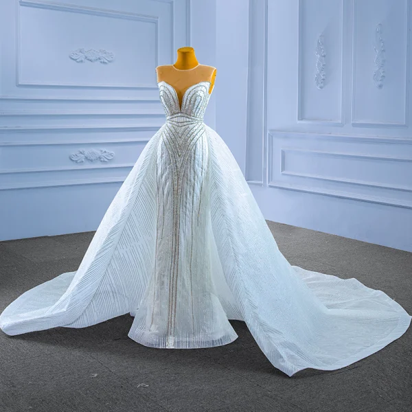Luxury / Gorgeous White Wedding Dresses 2022 Trumpet / Mermaid Scoop Neck Sleeveless Backless Beading Pearl Rhinestone Cathedral Train Wedding