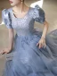 Elegant Sky Blue Beading Sequins Prom Dresses 2022 A-Line / Princess Scoop Neck Short Sleeve Floor-Length / Long Formal Dresses