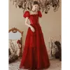 Charming Burgundy Prom Dresses 2022 A-Line / Princess Square Neckline Star Sequins Short Sleeve Backless Bow Floor-Length / Long Formal Dresses