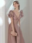 Elegant Blushing Pink Satin Prom Dresses 2022 A-Line / Princess V-Neck Beading Pearl Rhinestone Appliques Puffy Short Sleeve Bow Backless Floor-Length / Long Formal Dresses