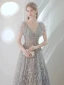 Charming Luxury / Gorgeous Grey Glitter Evening Dresses 2022 A-Line / Princess V-Neck Sequins Rhinestone Short Sleeve Backless Floor-Length / Long Evening Party Formal Dresses