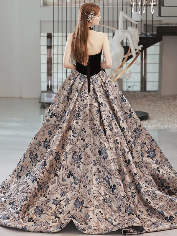 Vintage / Retro Black Printing Prom Dresses 2022 Ball Gown Off-The-Shoulder Short Sleeve Backless Court Train Prom Formal Dresses