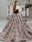 Vintage / Retro Black Printing Prom Dresses 2022 Ball Gown Off-The-Shoulder Short Sleeve Backless Court Train Prom Formal Dresses