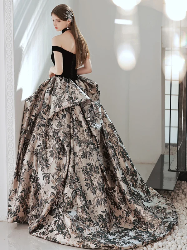Vintage / Retro Black Printing Prom Dresses 2022 Ball Gown Off-The-Shoulder 3/4 Sleeve Backless Court Train Formal Dresses