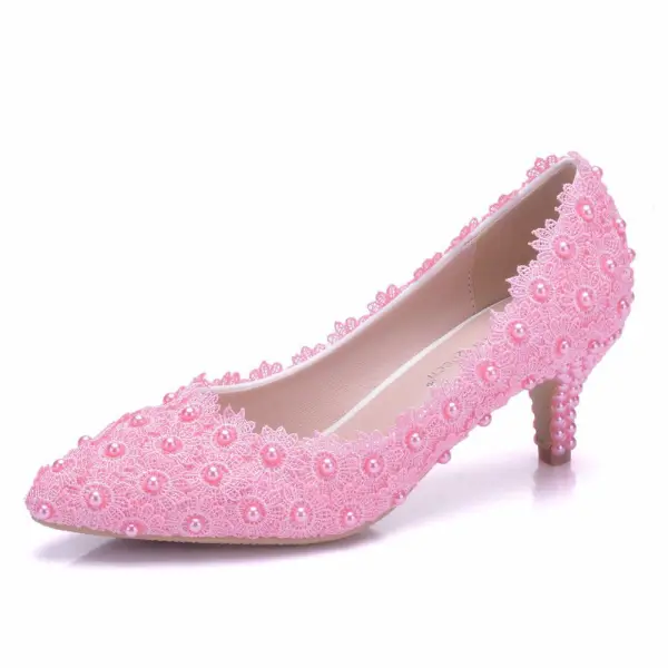 Chic / Beautiful White Pearl Lace Flower Wedding Shoes 2022 5 cm Stiletto Heels Pointed Toe Wedding Pumps High Heels