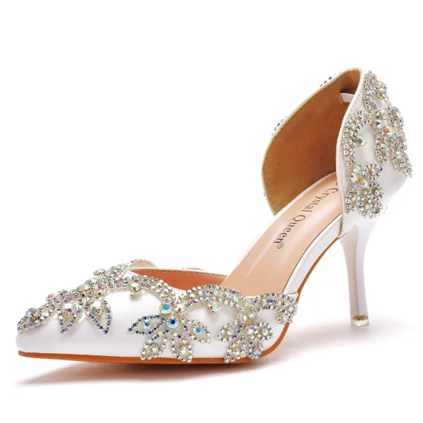 Charming White Rhinestone Wedding Shoes 2022 8 cm Stiletto Heels Pointed Toe Wedding High Heels