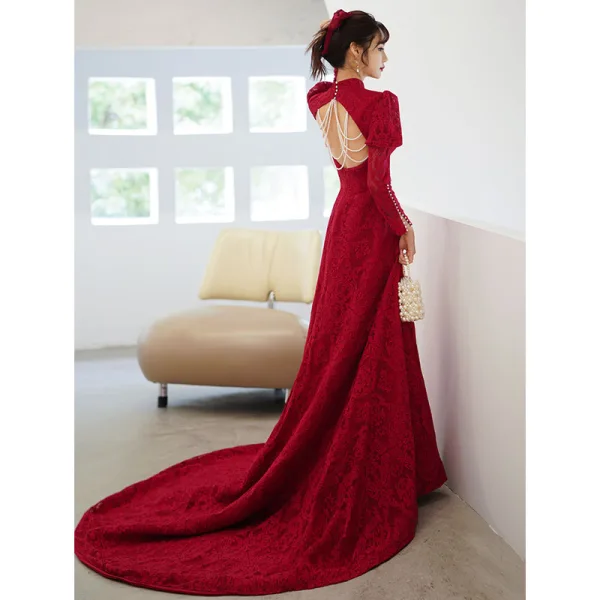 Chic / Beautiful Burgundy Lace Flower Cheongsam Evening Dresses 2022 Trumpet / Mermaid High Neck Beading Pearl Long Sleeve Backless Court Train Evening Party Formal Dresses