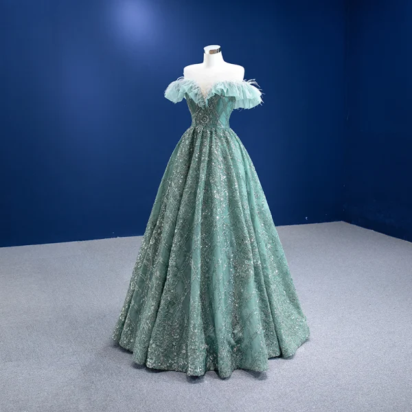 High-end Sage Green Prom Dresses 2022 A-Line Princess Off-The-Shoulder Beading Sequins High-end Sage Green Prom Dresses 2022 A-Line Princess Off-The-Shoulder Beading Sequins