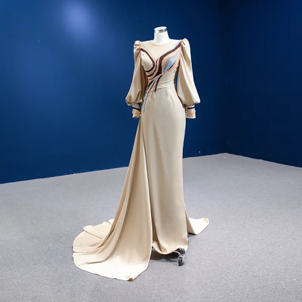 Fashion Champagne Satin Evening Dresses 2022 Trumpet / Mermaid Scoop Neck Multi-Colors Beading Pearl Long Sleeve Court Train Evening Party Formal Dresses