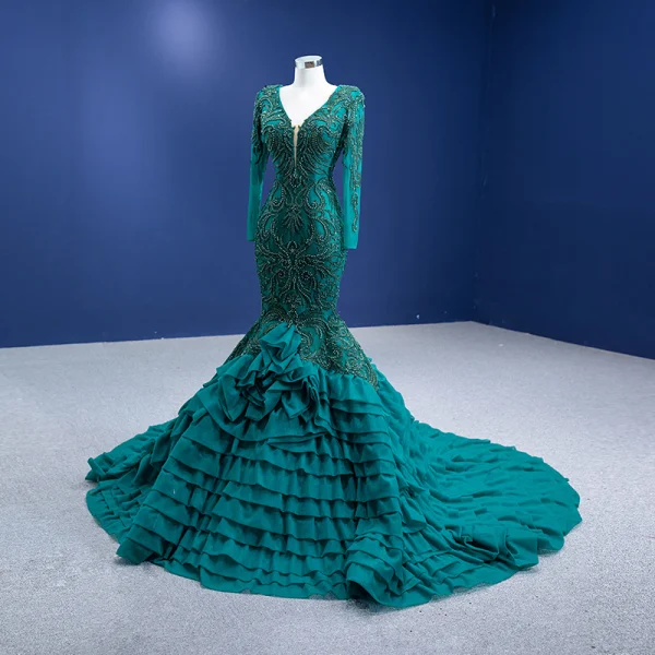 Vintage / Retro High-end Dark Green Cascading Ruffles Prom Dresses 2022 Trumpet / Mermaid V-Neck Beading Pearl Lace Flower Long Sleeve Backless Floor-Length / Long